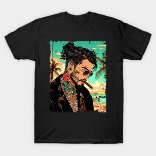 Urban Streetwear Cuban Man on Beach with Cigar T-Shirt